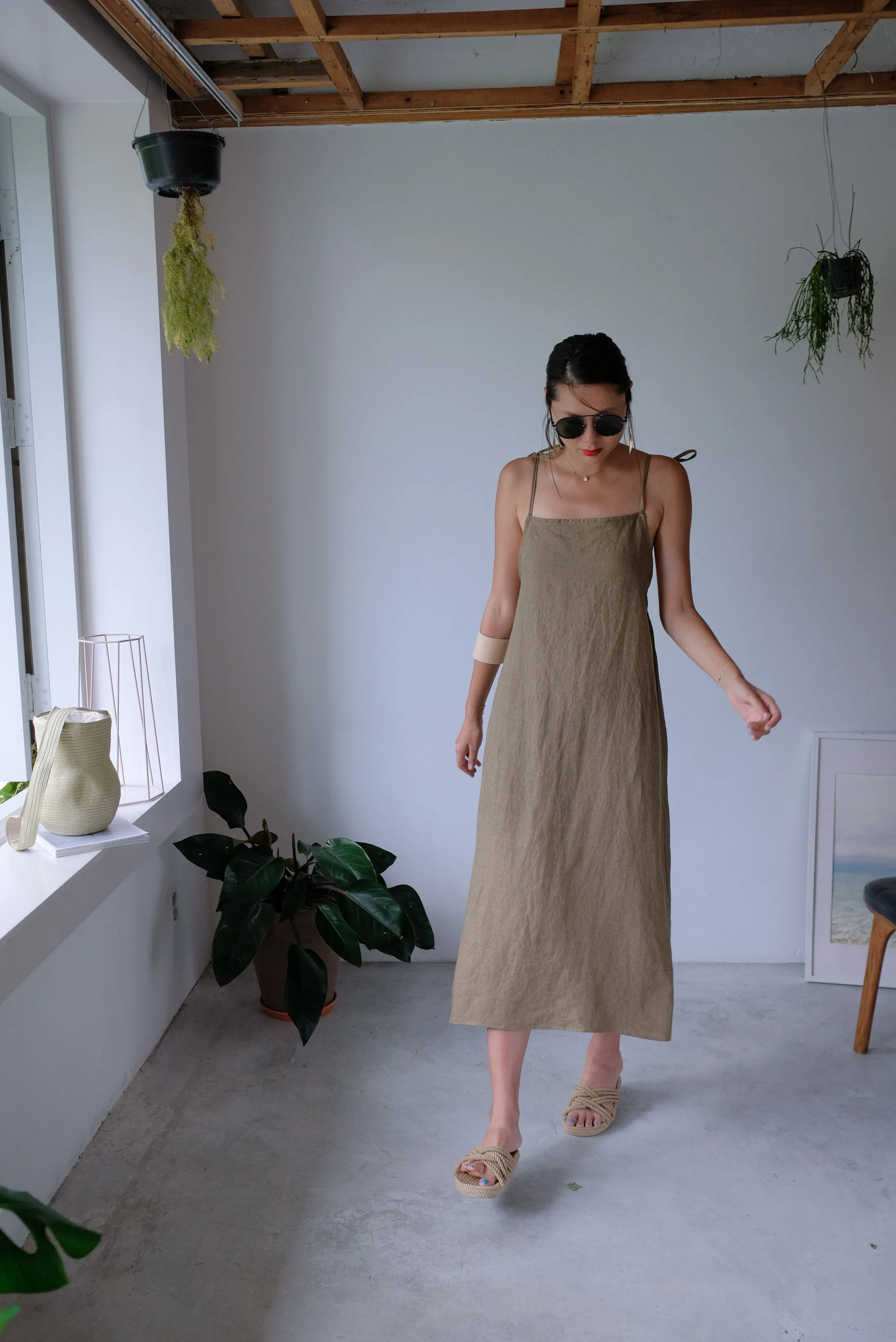 Taupe Tie Up Linen Low Back Apron Dress