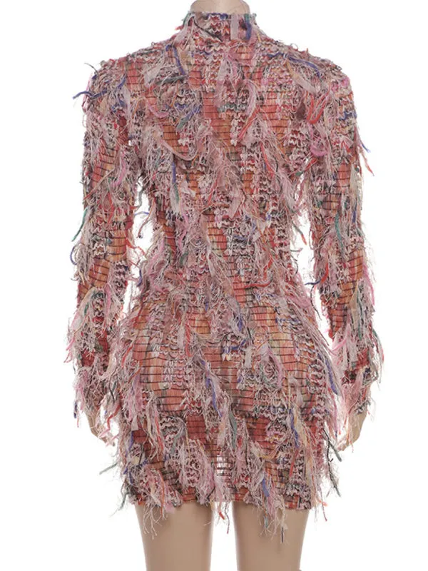 Textured High-Neck Fringe Dress for Trendy Cocktail Events