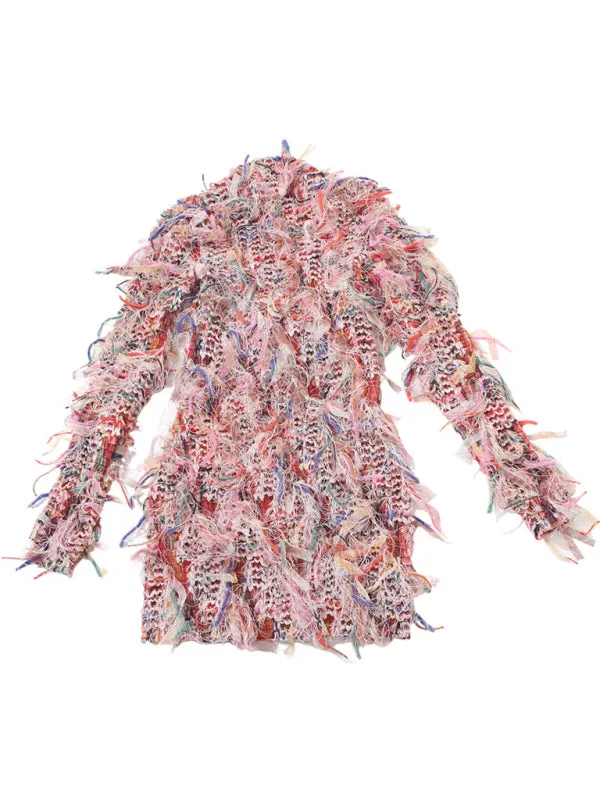 Textured High-Neck Fringe Dress for Trendy Cocktail Events
