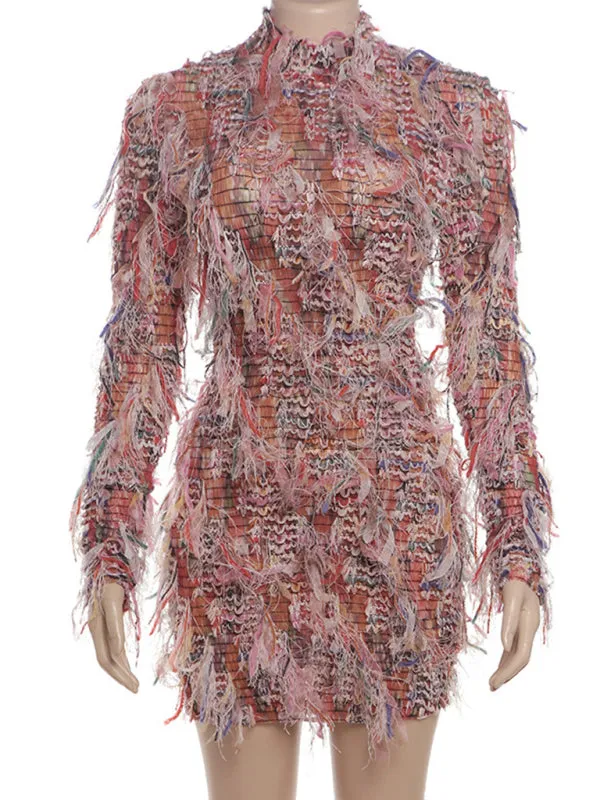 Textured High-Neck Fringe Dress for Trendy Cocktail Events