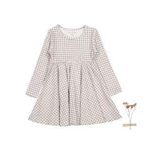 The Printed Long Sleeve Dress - Taupe Gingham