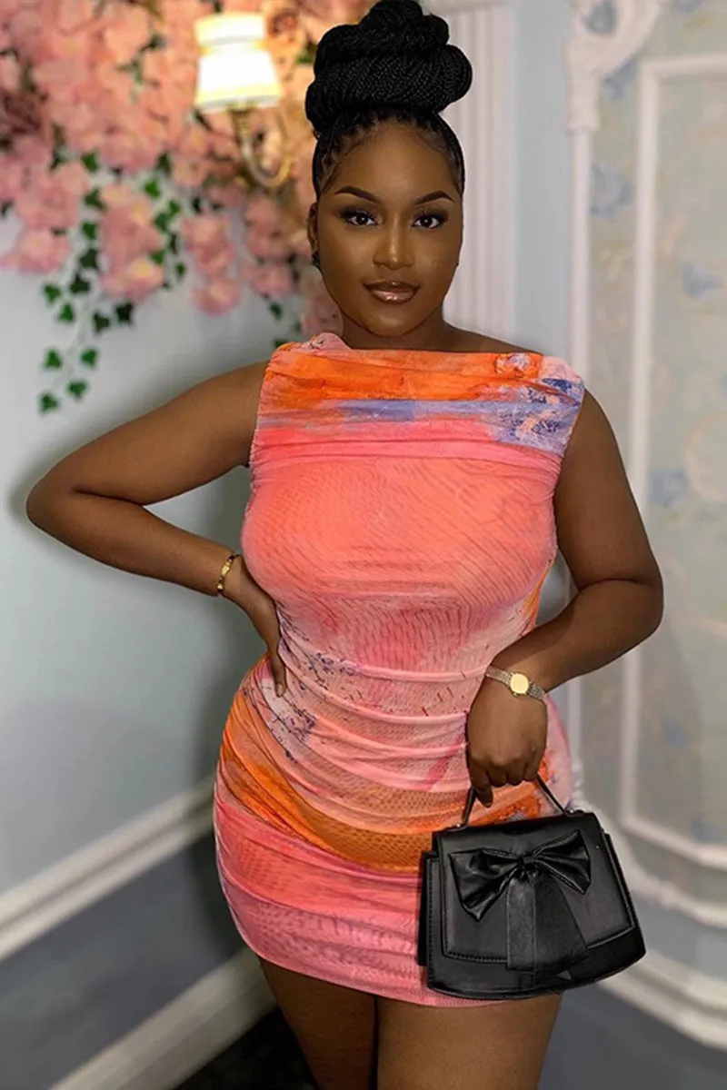 Tie Dye Print Sleeveless Pleated Bodycon Mini Dress