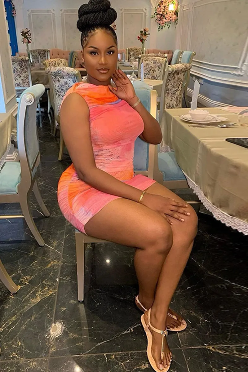 Tie Dye Print Sleeveless Pleated Bodycon Mini Dress