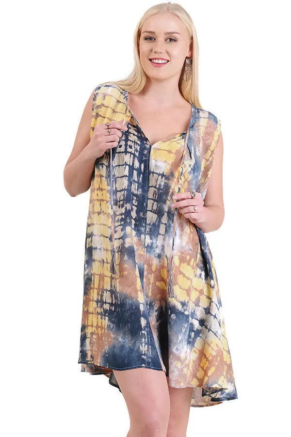 Tie Dye Sleeveless Keyhole Dress, Taupe Mix