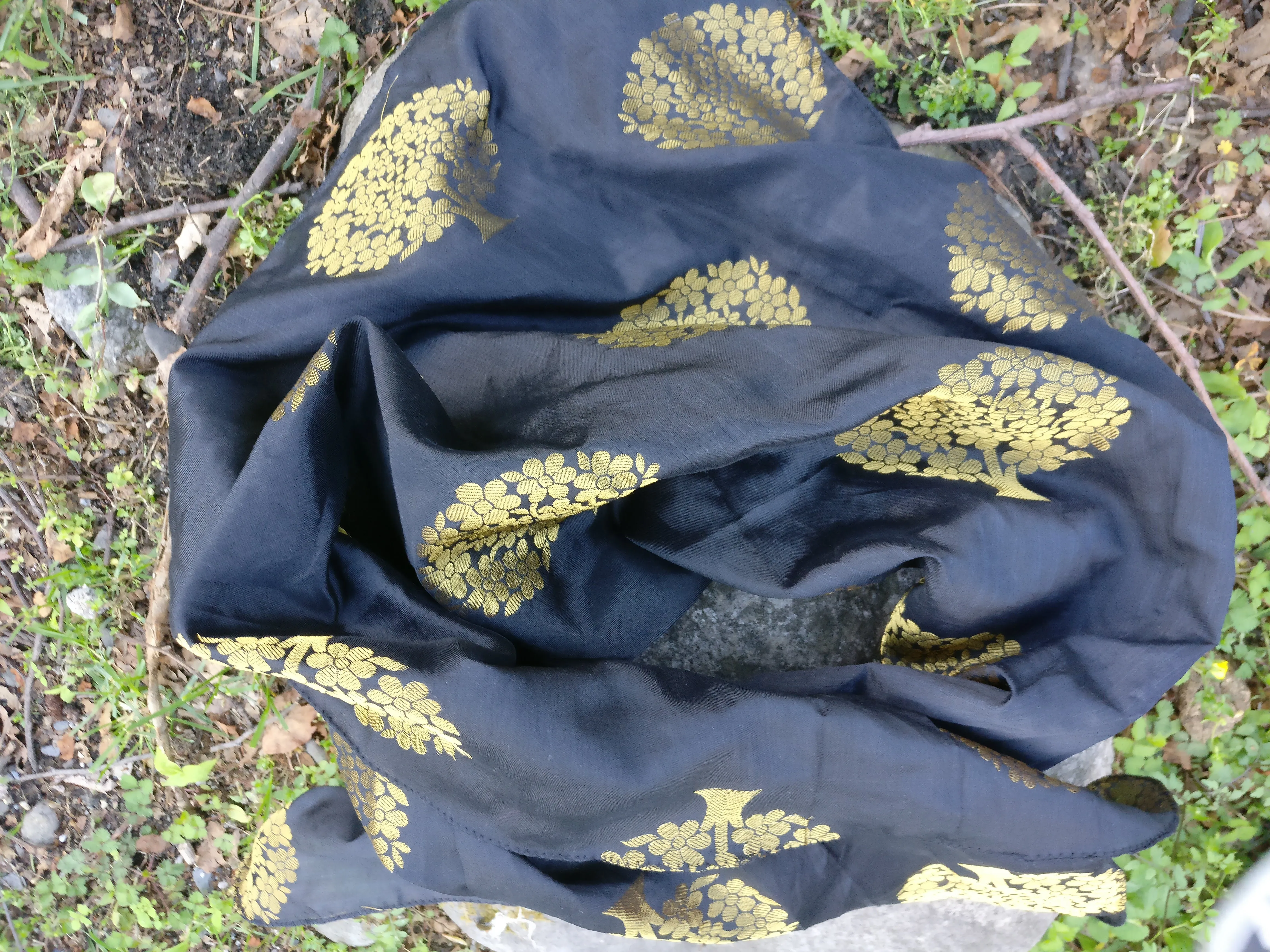 Tree of Life Scarf in Black and Gold Brocade Silk