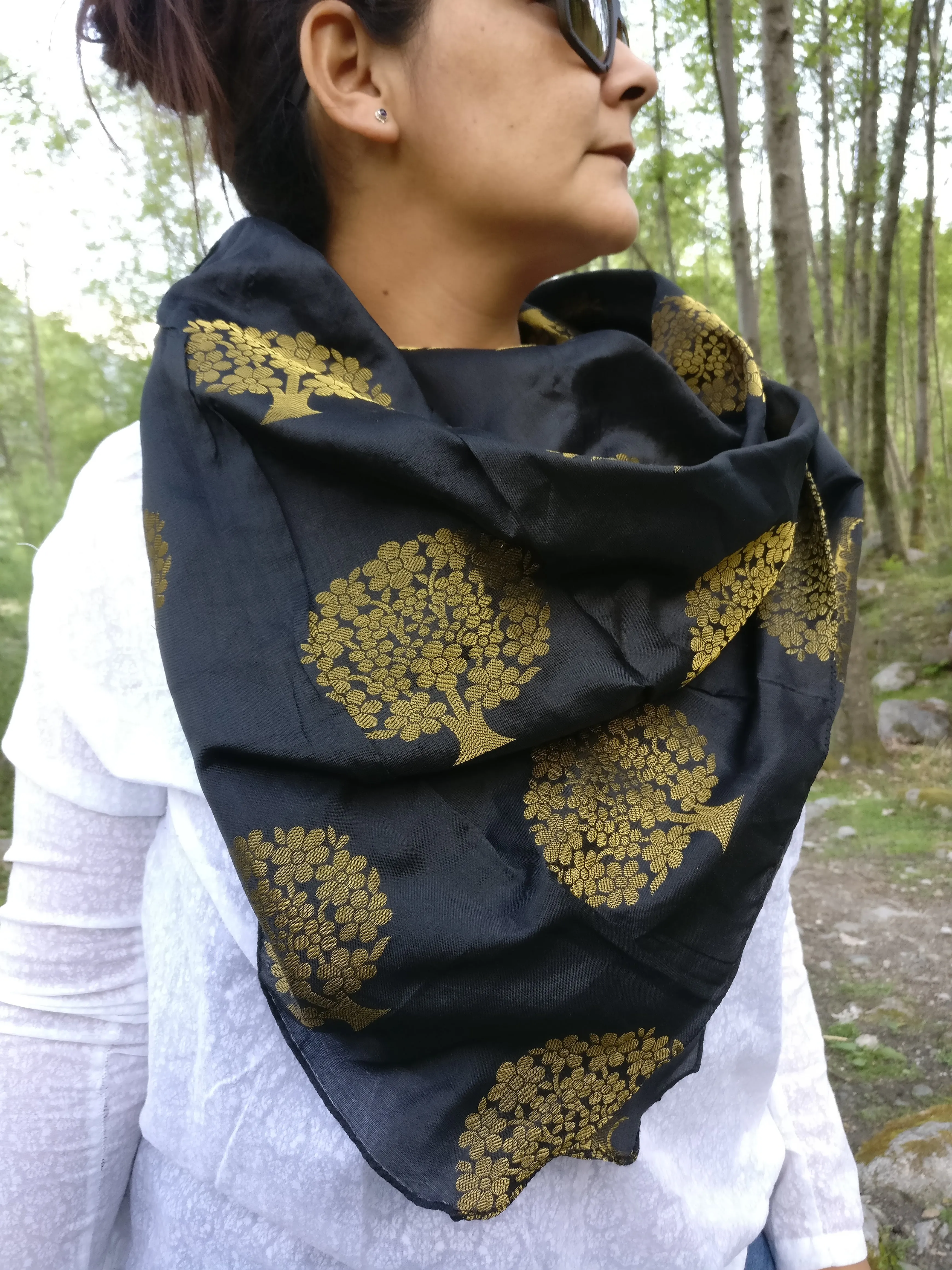 Tree of Life Scarf in Black and Gold Brocade Silk
