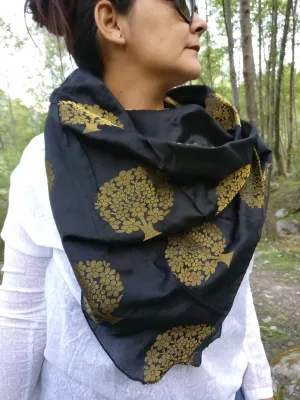Tree of Life Scarf in Black and Gold Brocade Silk