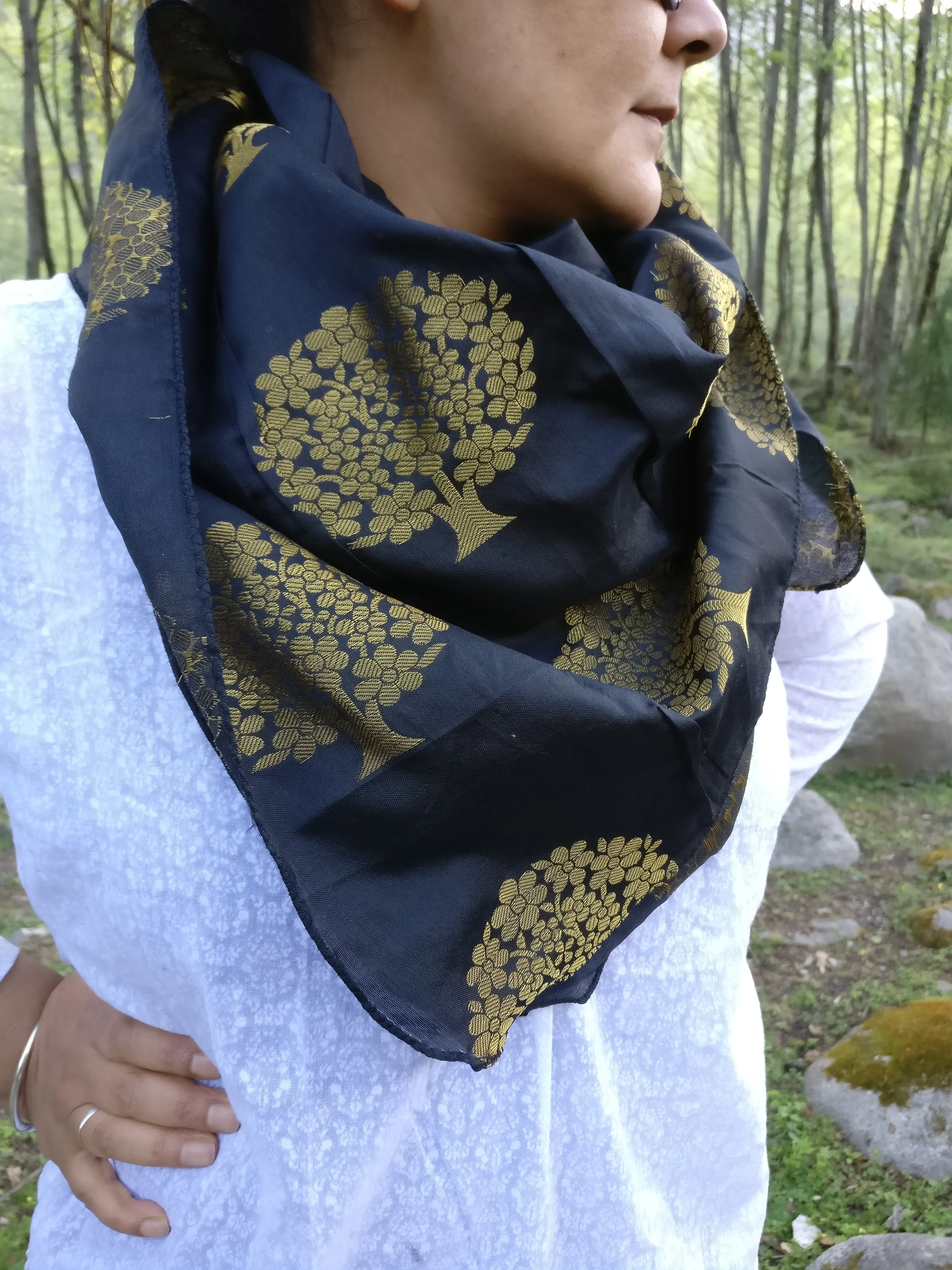 Tree of Life Scarf in Black and Gold Brocade Silk