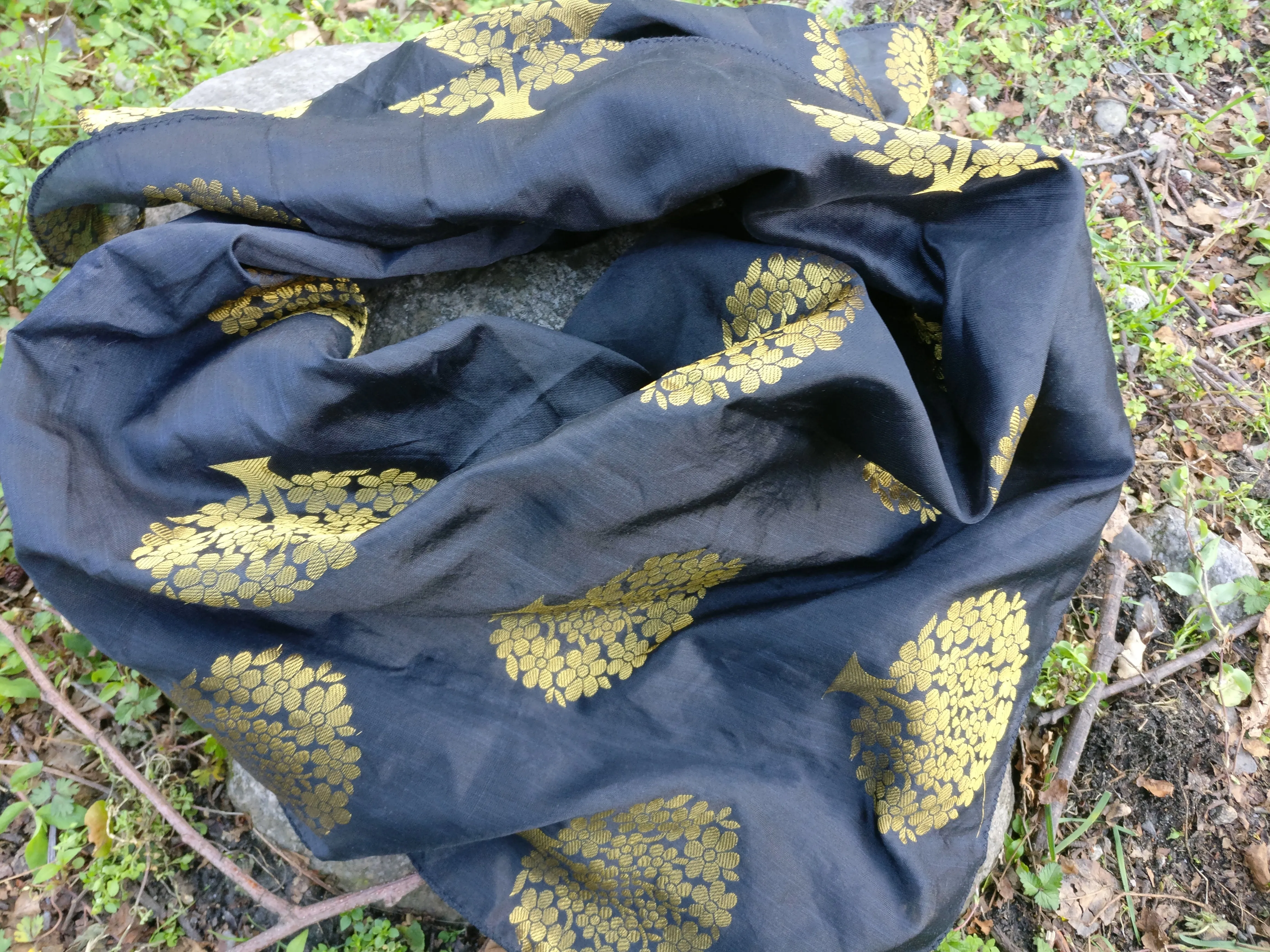 Tree of Life Scarf in Black and Gold Brocade Silk