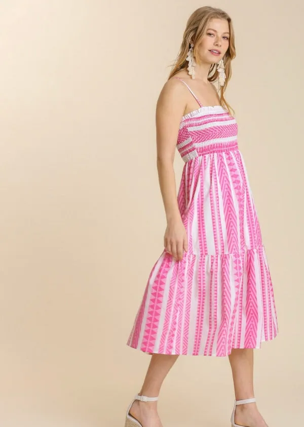 Umgee - Mixed Print Smocked Bodice Maxi Dress, Pink
