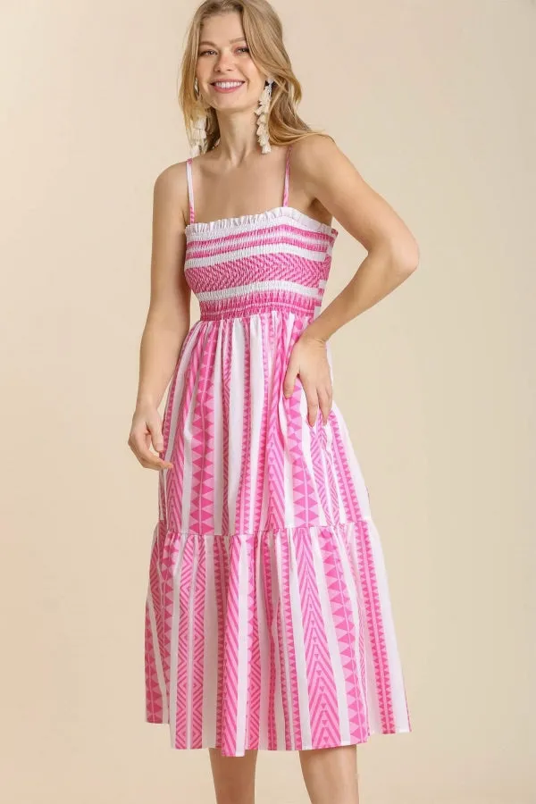 Umgee - Mixed Print Smocked Bodice Maxi Dress, Pink