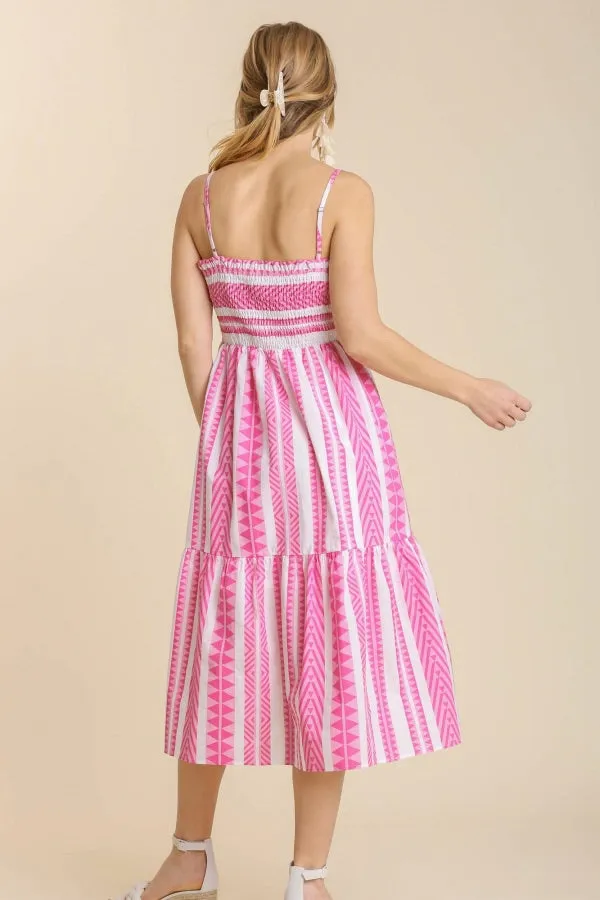 Umgee - Mixed Print Smocked Bodice Maxi Dress, Pink