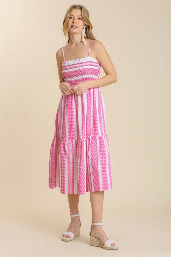 Umgee - Mixed Print Smocked Bodice Maxi Dress, Pink
