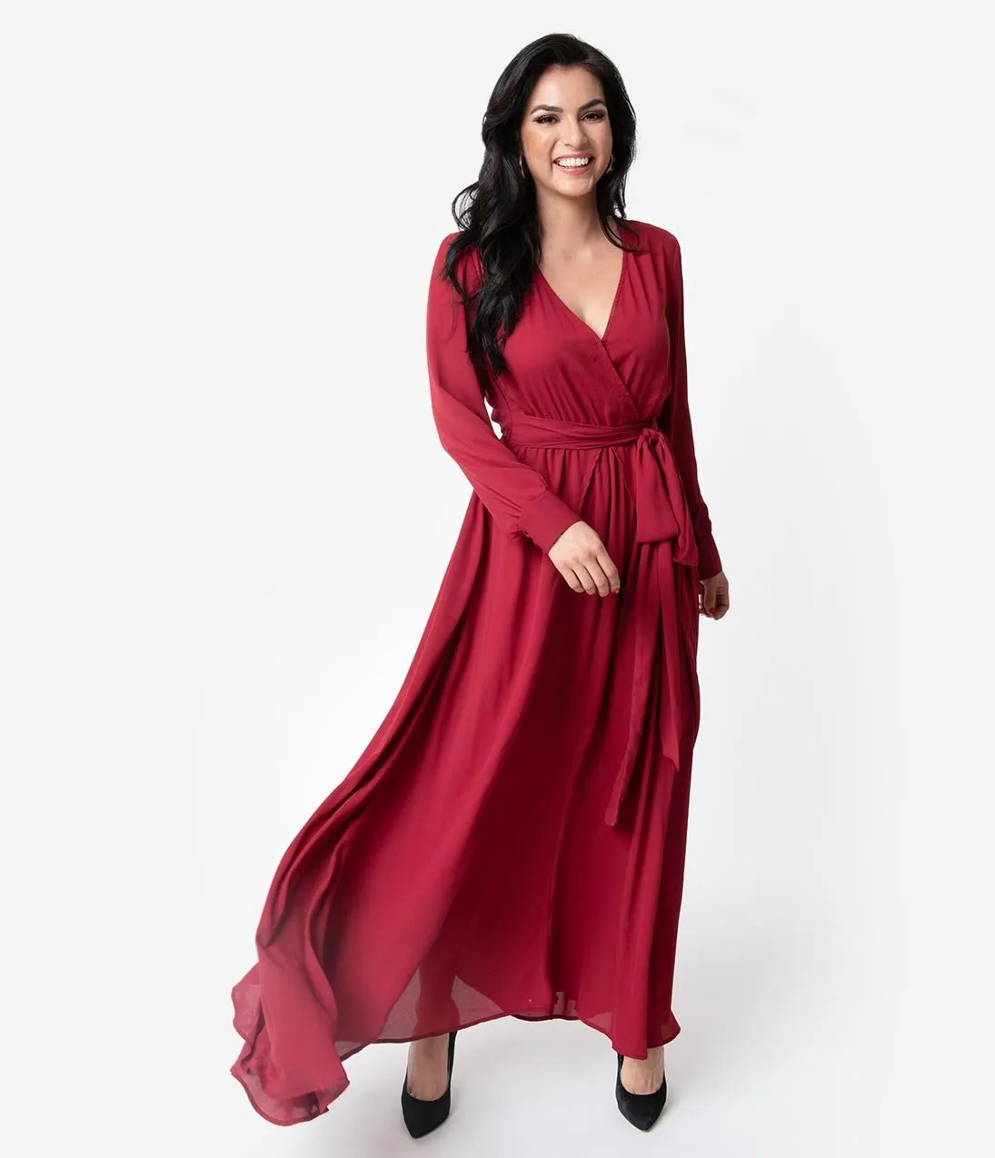 Unique Vintage Burgundy Red Long Sleeve Farrah Maxi Dress