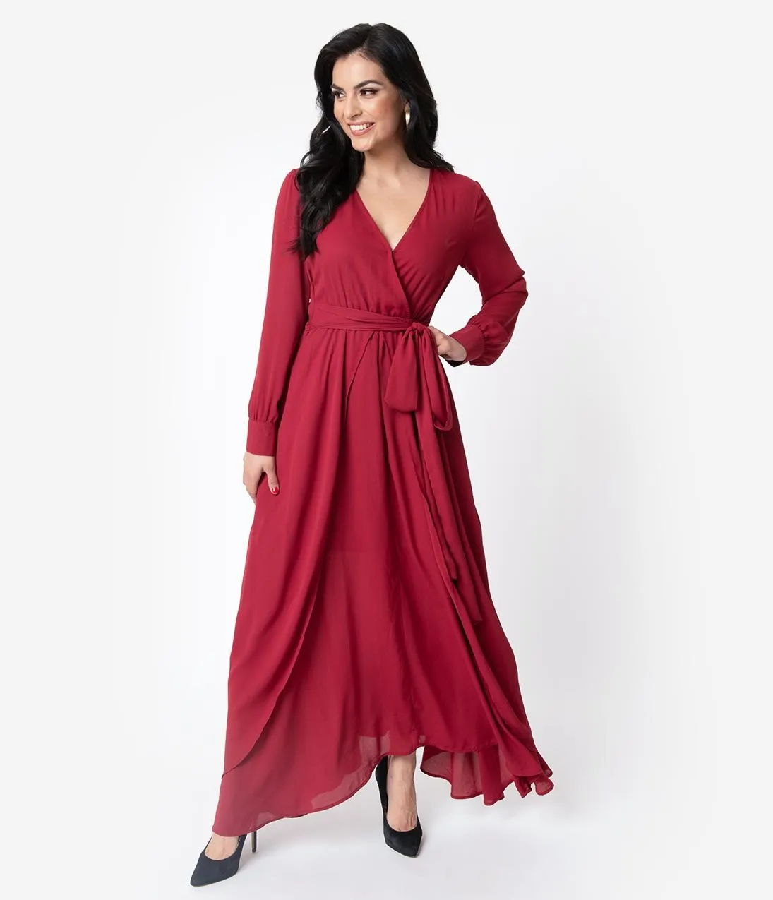 Unique Vintage Burgundy Red Long Sleeve Farrah Maxi Dress