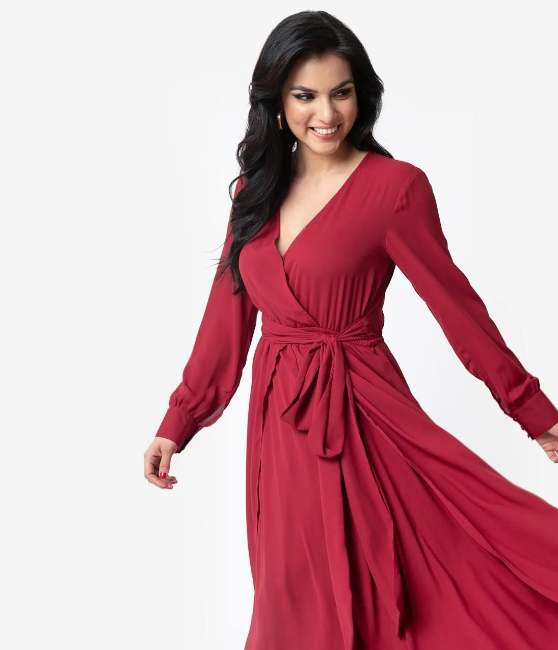 Unique Vintage Burgundy Red Long Sleeve Farrah Maxi Dress