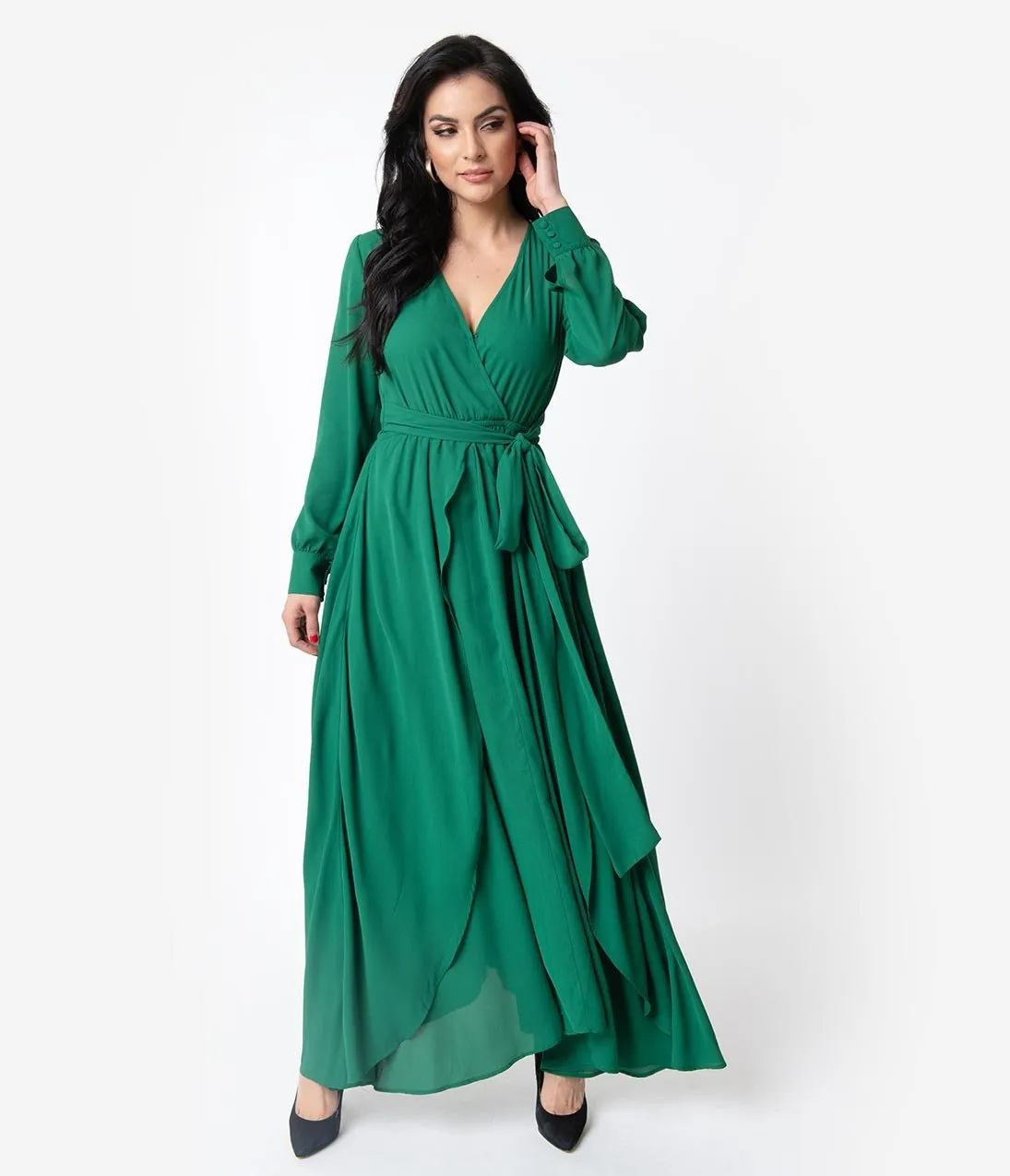 Unique Vintage Emerald Green Long Sleeve Farrah Maxi Dress