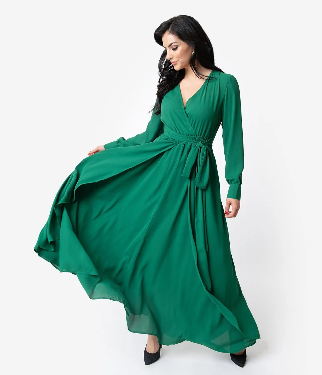 Unique Vintage Emerald Green Long Sleeve Farrah Maxi Dress
