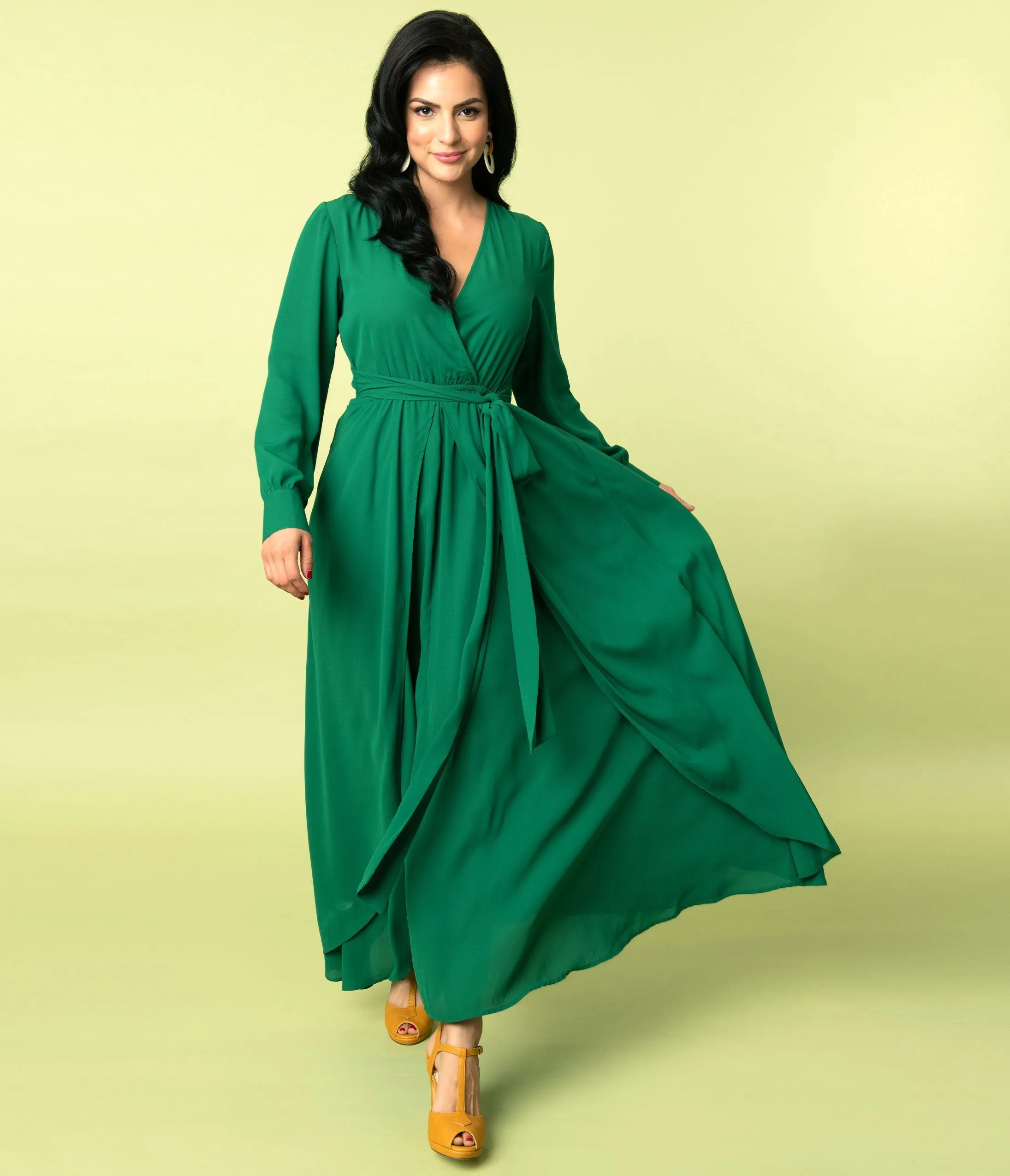 Unique Vintage Emerald Green Long Sleeve Farrah Maxi Dress