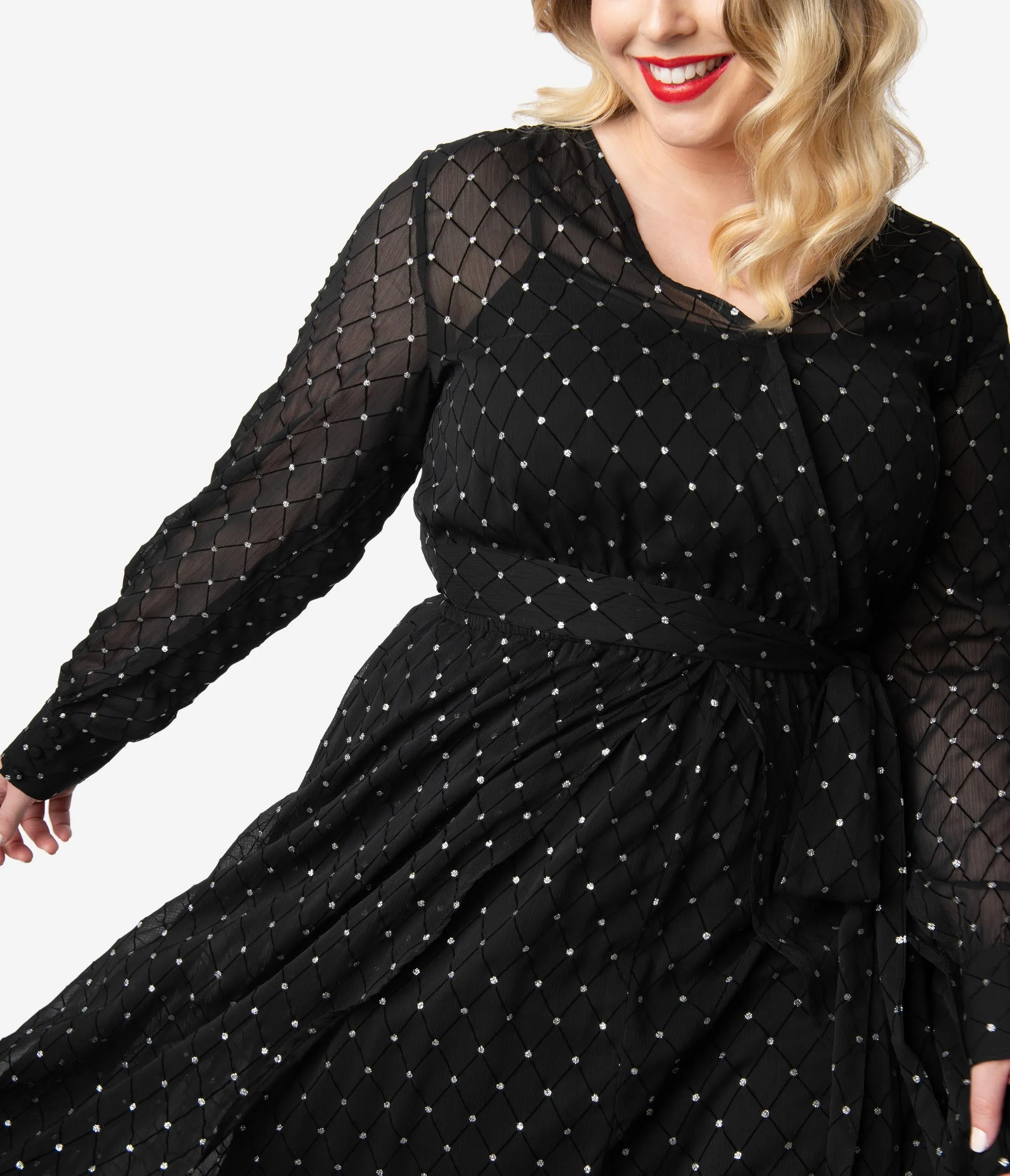 Unique Vintage Plus Size Black & Silver Long Sleeve Farrah Maxi Dress