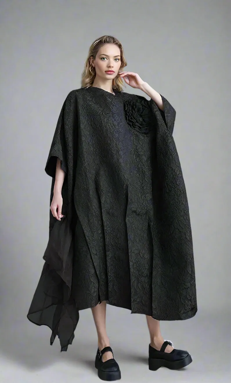 Urban Oversized Black Maxi Dress with Tulle Insert and 3D Textured Fabric