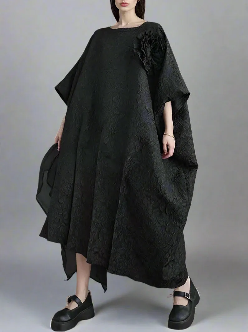 Urban Oversized Black Maxi Dress with Tulle Insert and 3D Textured Fabric