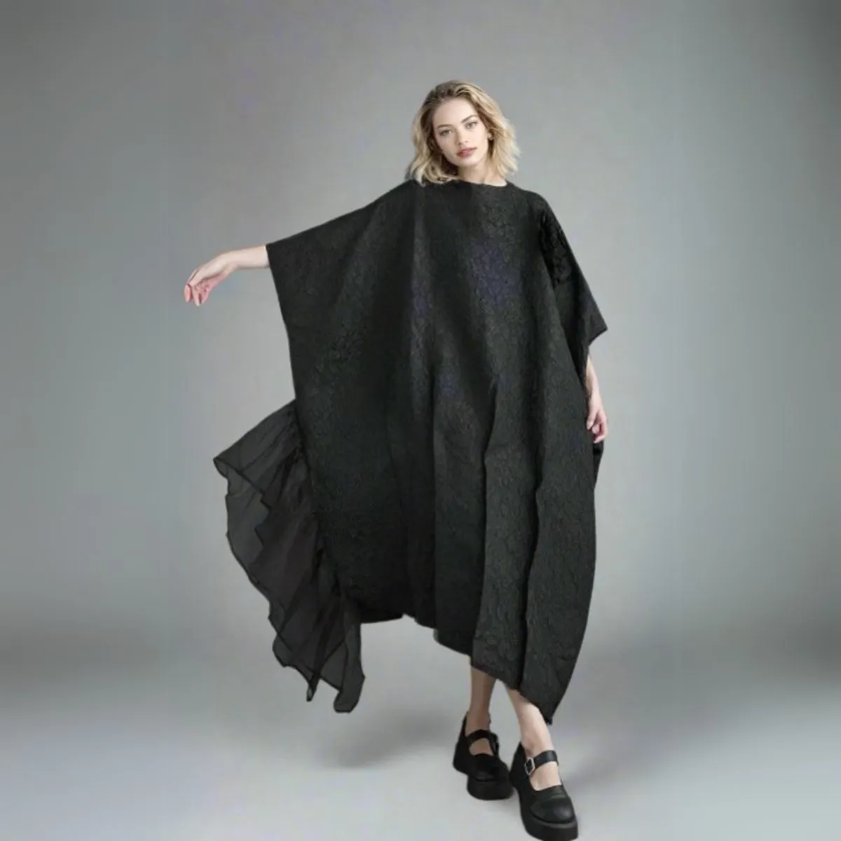 Urban Oversized Black Maxi Dress with Tulle Insert and 3D Textured Fabric