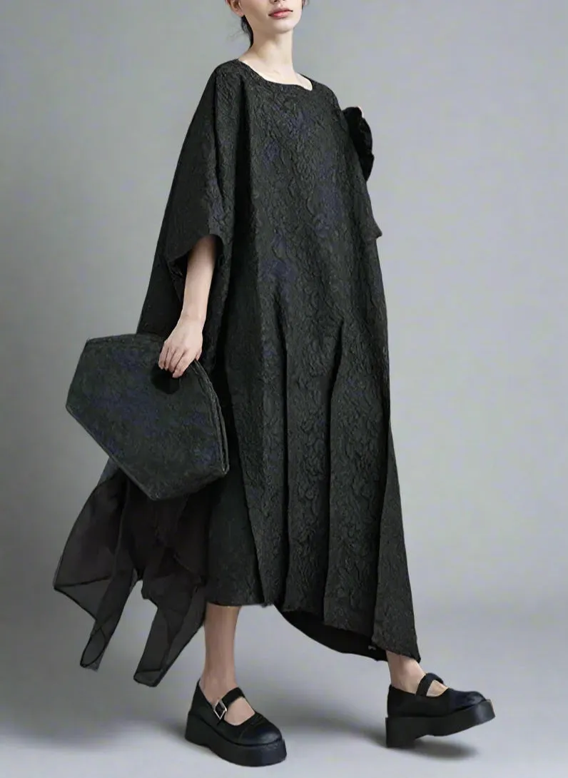 Urban Oversized Black Maxi Dress with Tulle Insert and 3D Textured Fabric