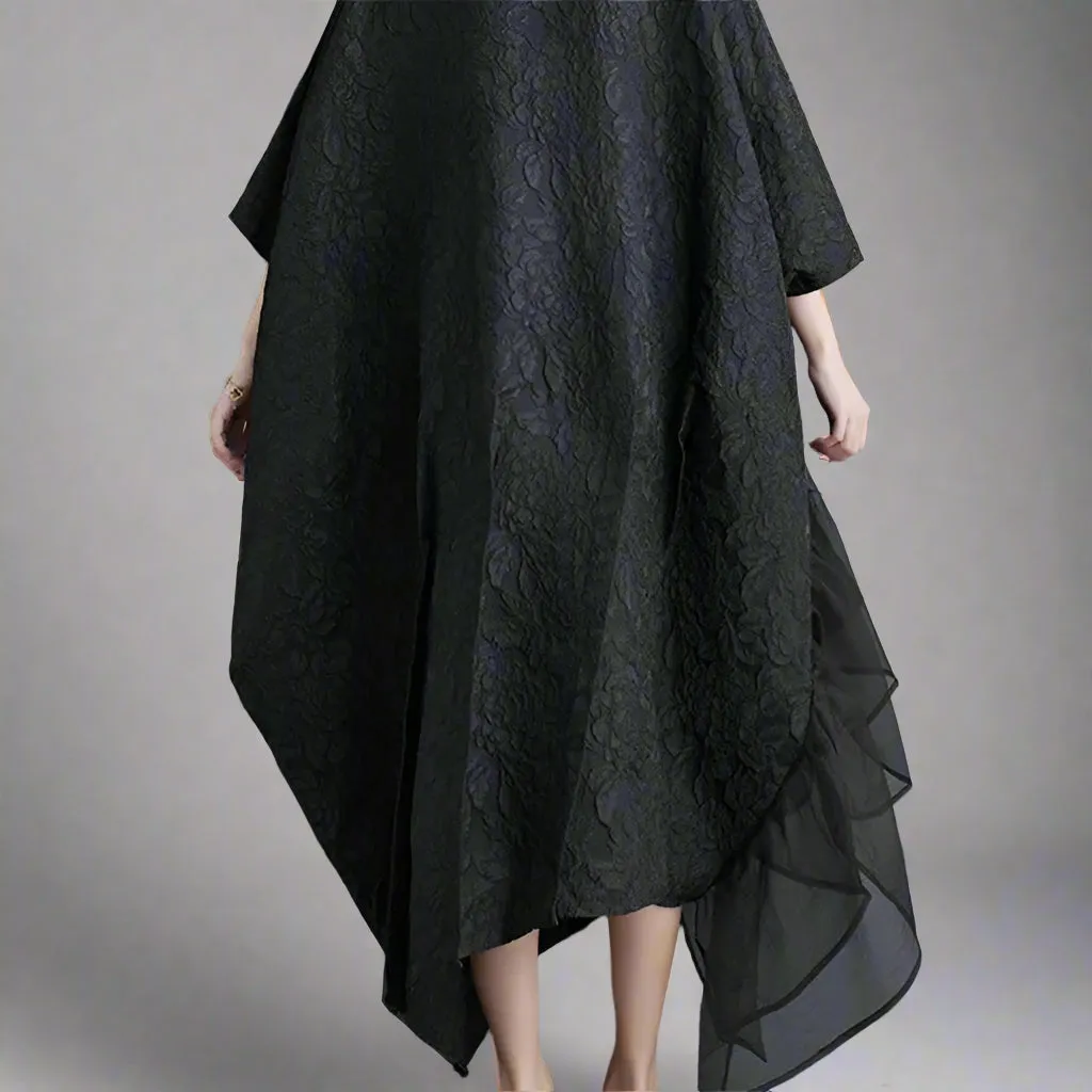 Urban Oversized Black Maxi Dress with Tulle Insert and 3D Textured Fabric