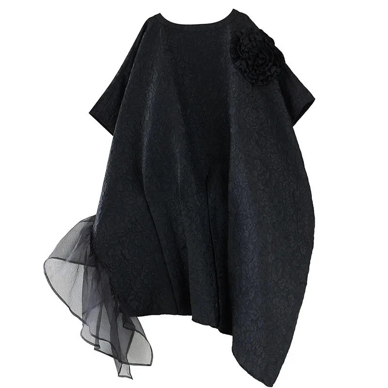 Urban Oversized Black Maxi Dress with Tulle Insert and 3D Textured Fabric