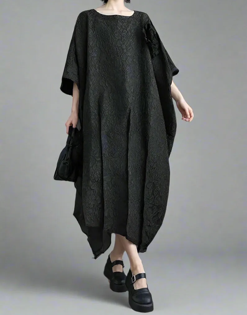 Urban Oversized Black Maxi Dress with Tulle Insert and 3D Textured Fabric