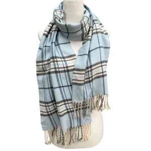 V. Fraas Cashmink Blue & Beige Plaid Design Fringe Scarf Wrap Made In Germany OS