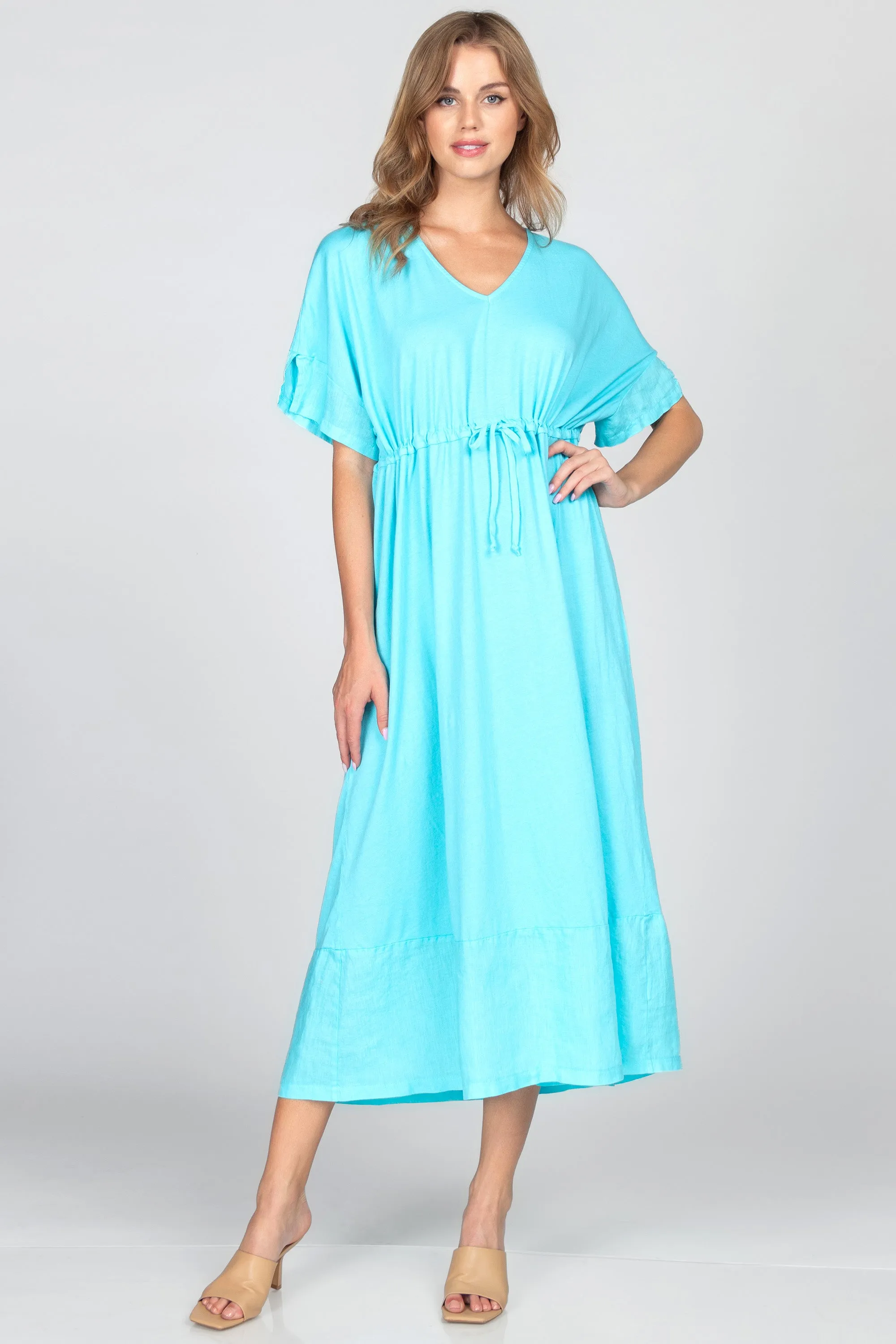 V-Neck Maxi Dress with Contrast Linen Hem