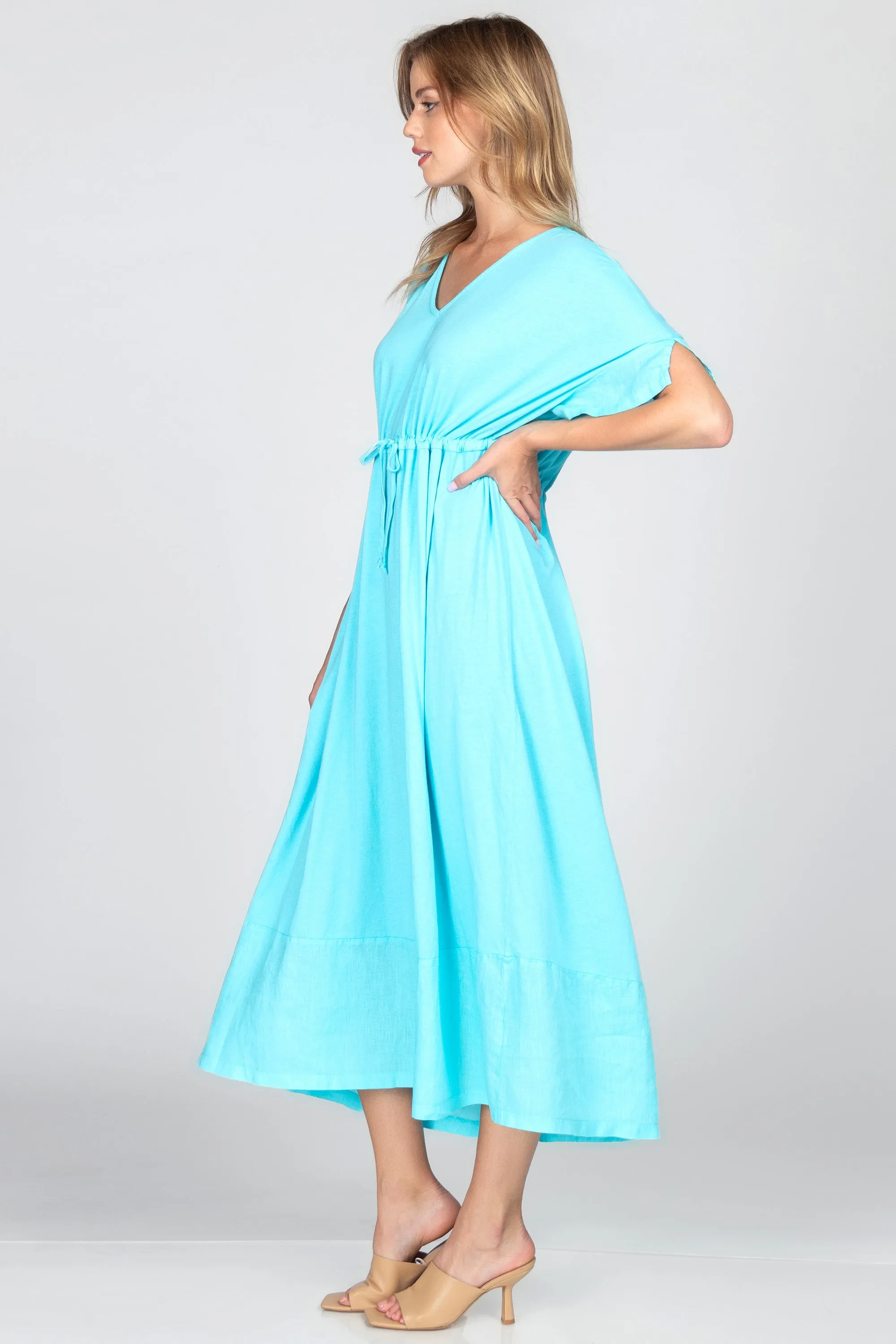 V-Neck Maxi Dress with Contrast Linen Hem