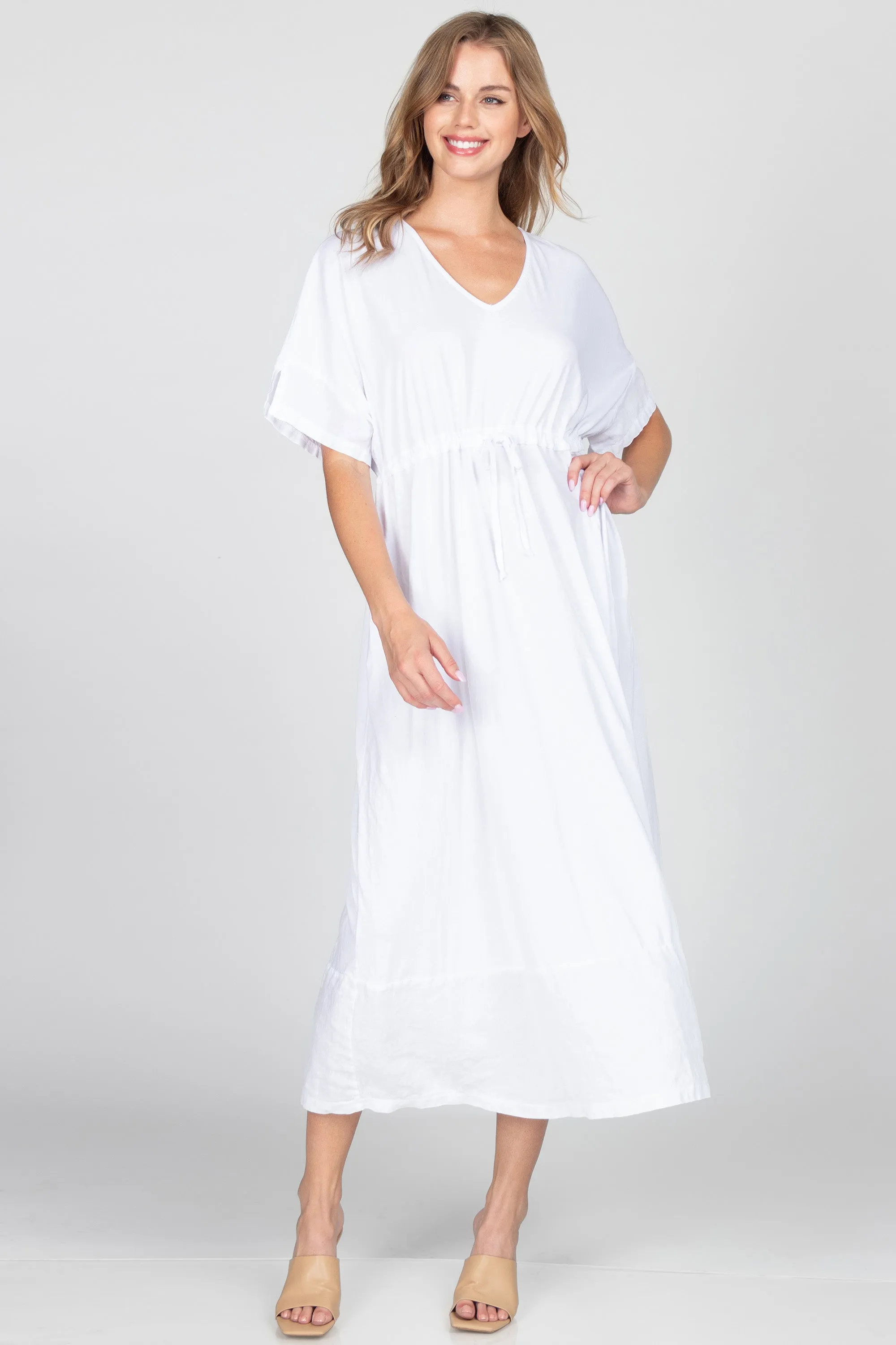V-Neck Maxi Dress with Contrast Linen Hem