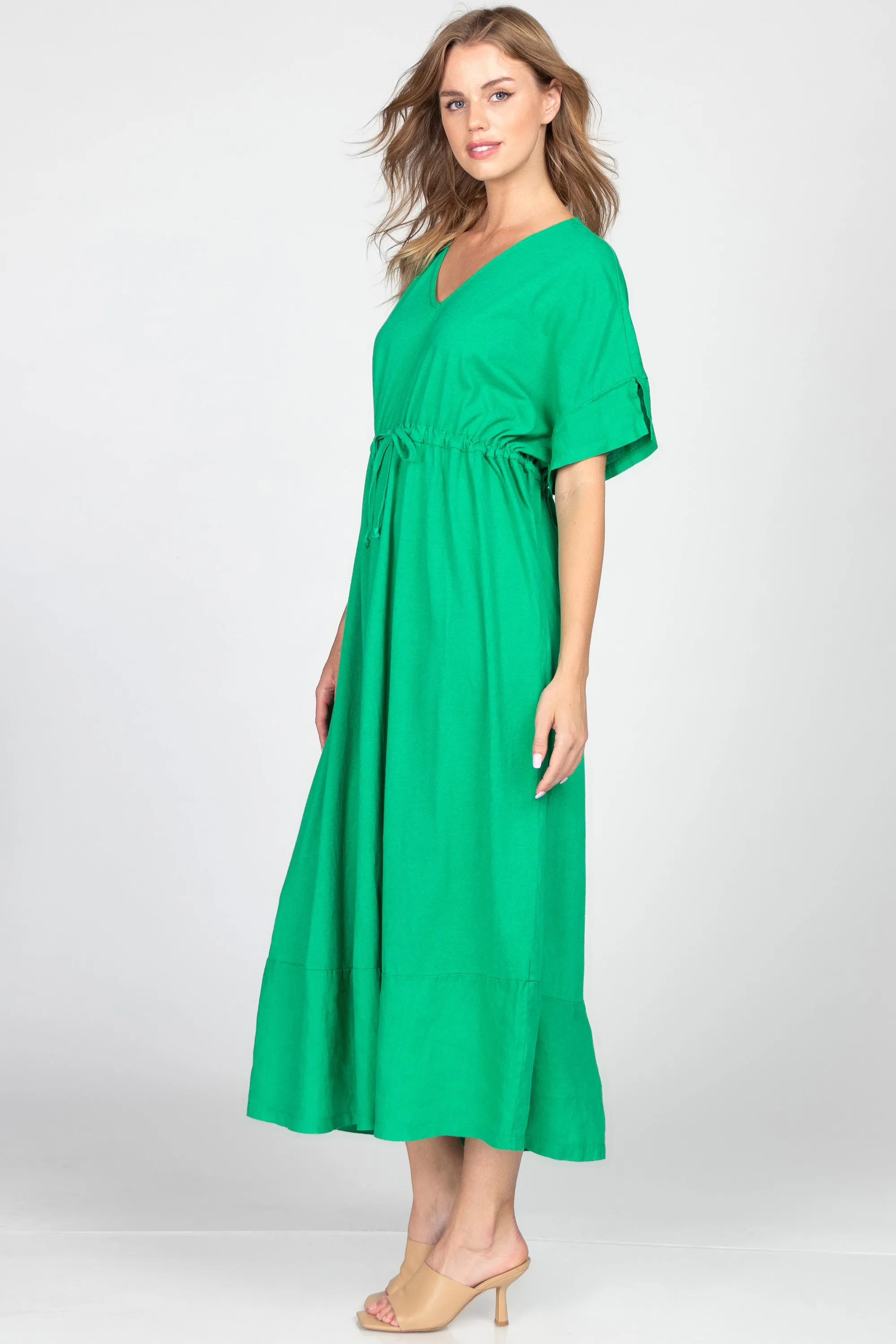V-Neck Maxi Dress with Contrast Linen Hem