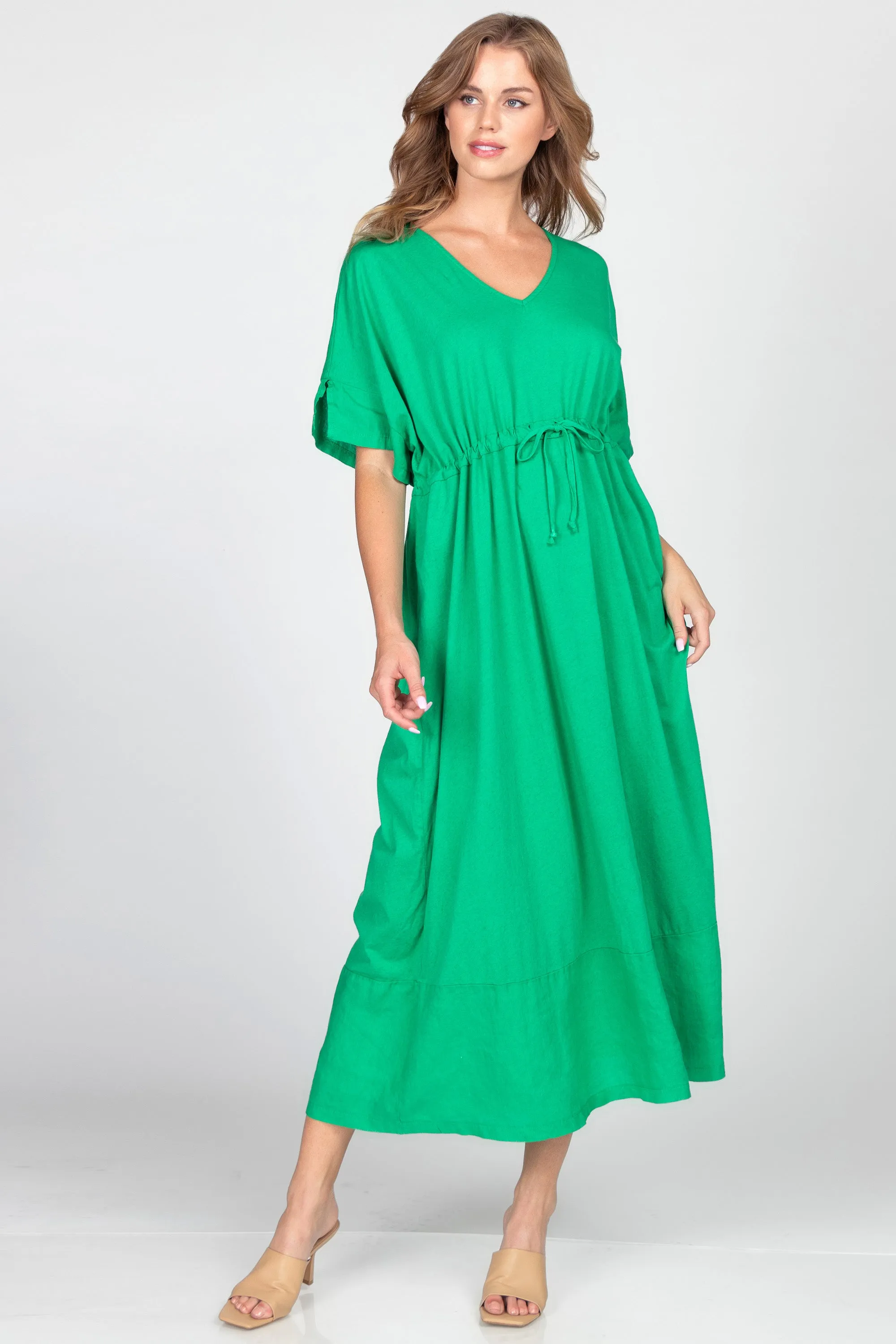 V-Neck Maxi Dress with Contrast Linen Hem