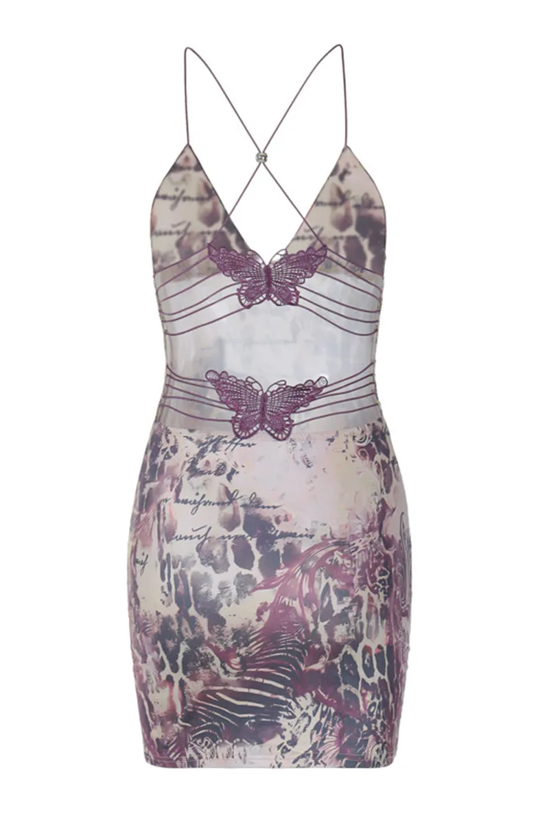 V Neck Sleeveless Butterfly Backless Mini Dress