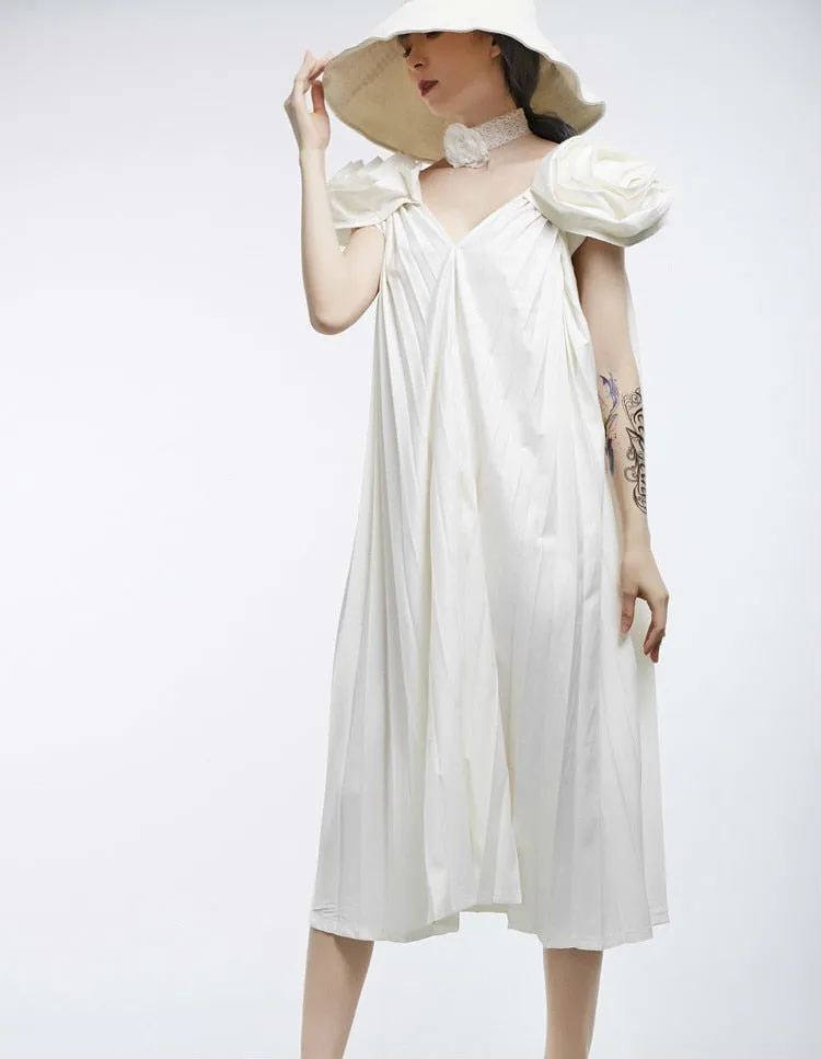 V-Neck Sleeveless Stitch Pleated Loose Plus Size Dress Women Fashion