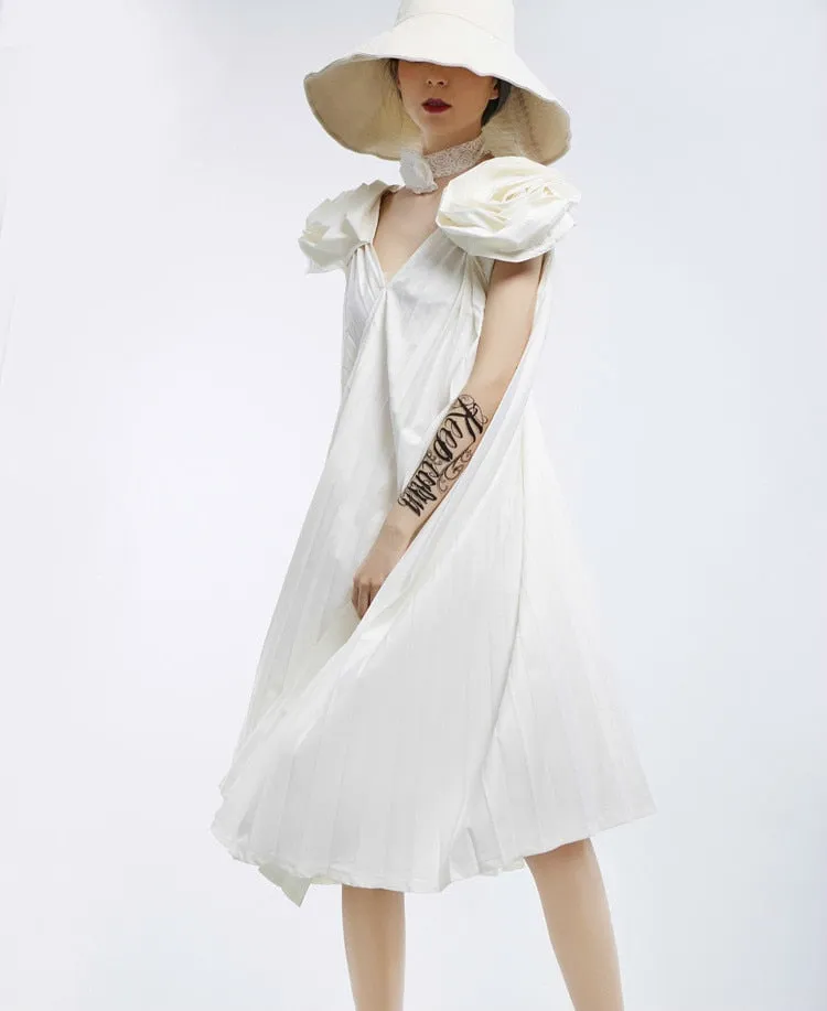 V-Neck Sleeveless Stitch Pleated Loose Plus Size Dress Women Fashion