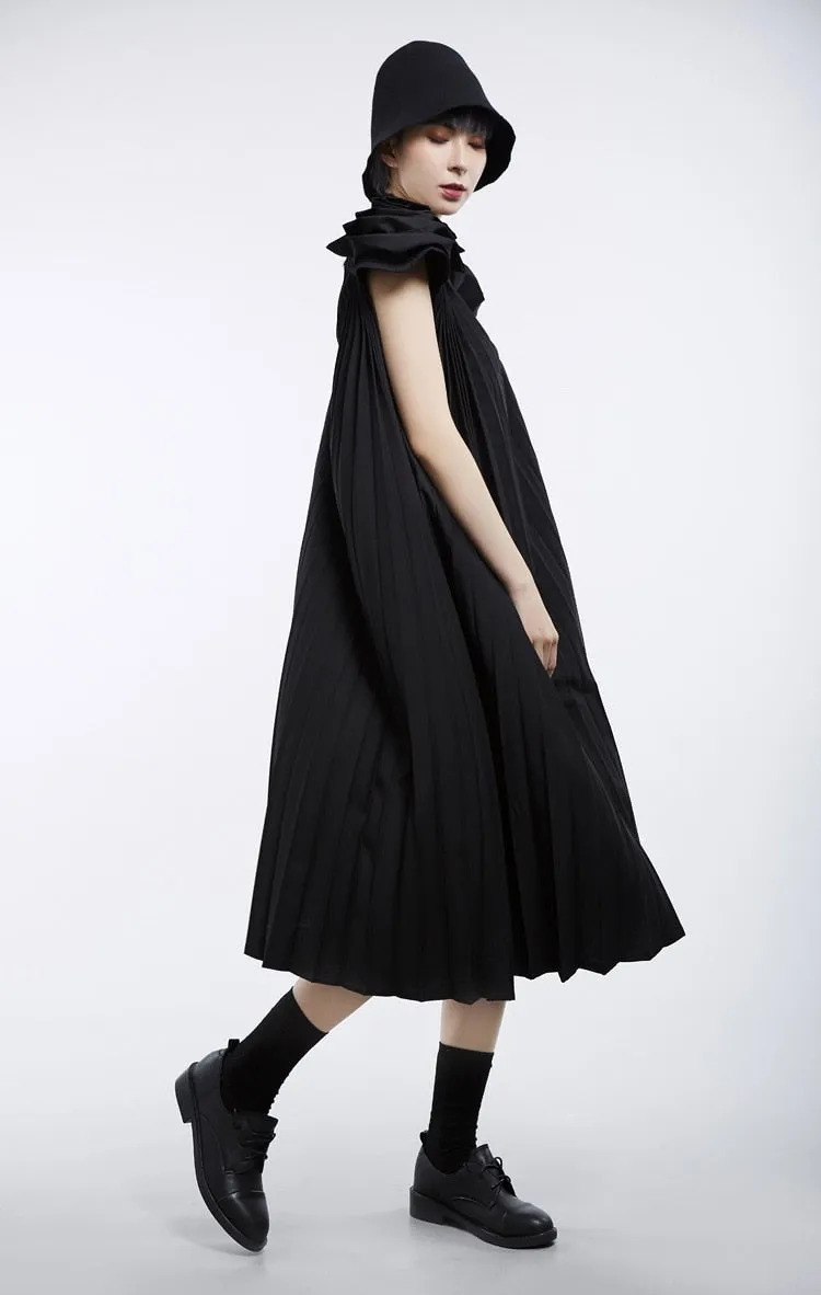 V-Neck Sleeveless Stitch Pleated Loose Plus Size Dress Women Fashion