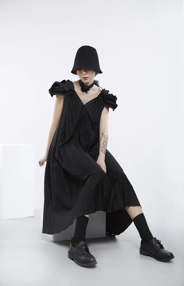 V-Neck Sleeveless Stitch Pleated Loose Plus Size Dress Women Fashion