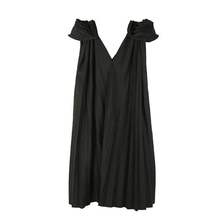 V-Neck Sleeveless Stitch Pleated Loose Plus Size Dress Women Fashion