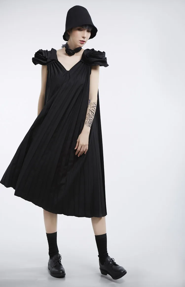 V-Neck Sleeveless Stitch Pleated Loose Plus Size Dress Women Fashion
