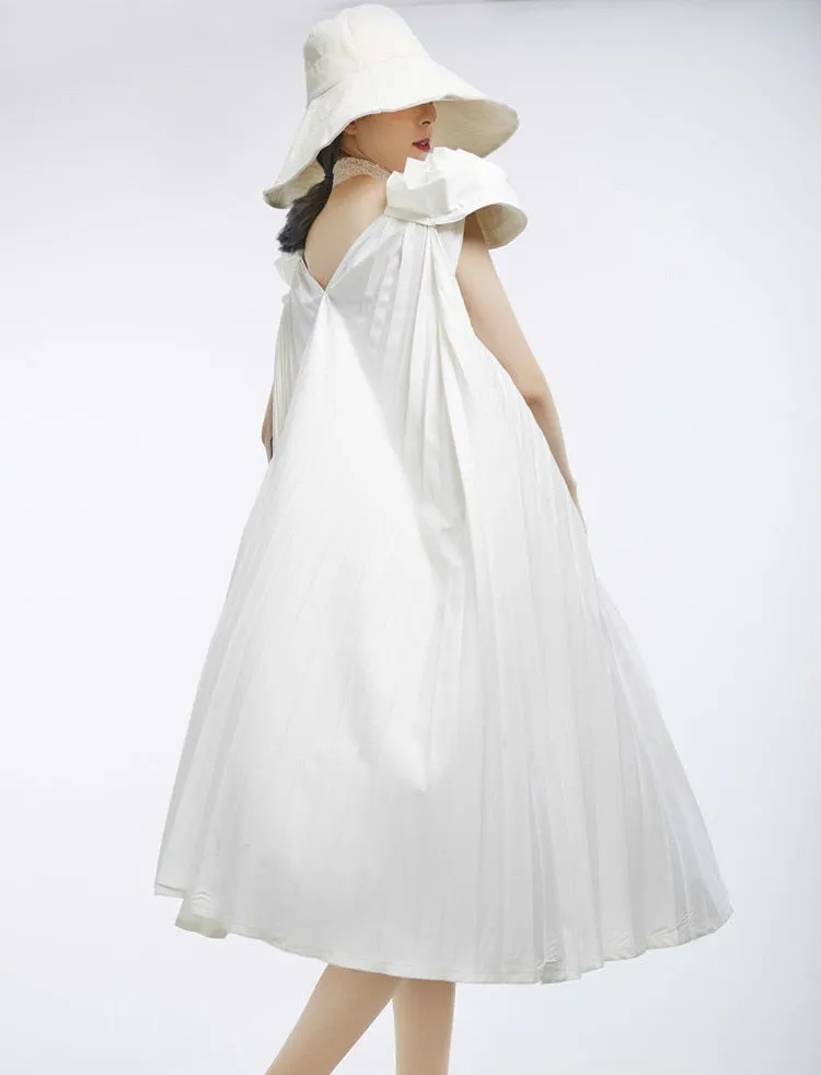 V-Neck Sleeveless Stitch Pleated Loose Plus Size Dress Women Fashion