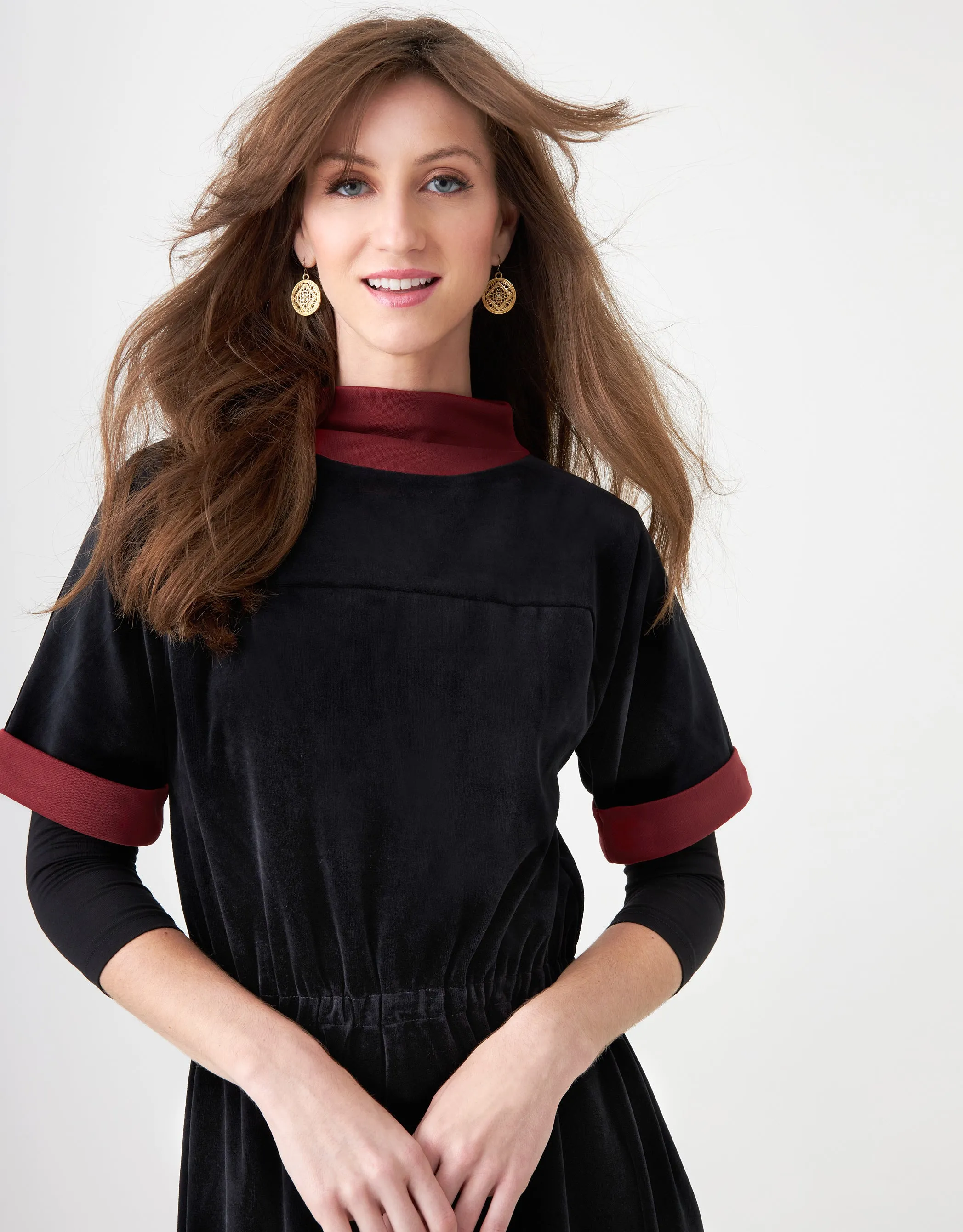 Velour Maxi Dress Shabbos Robe with Contrast Cuffs Burgundy
