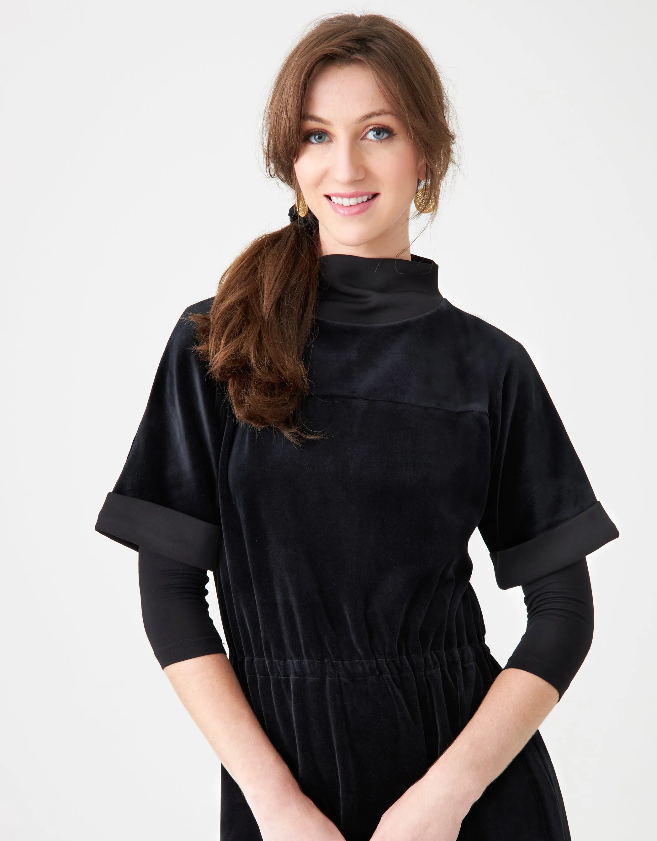 Velour Maxi Dress Shabbos Robe with Jersey Funnel and Cuffs