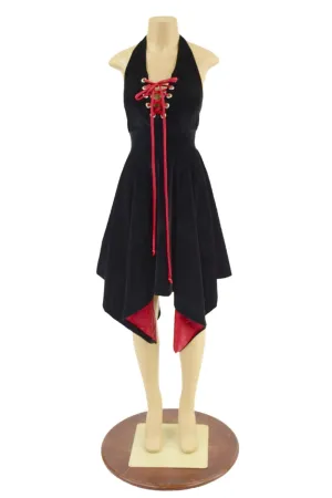 Velvet Handkerchief Hemline Halter Dress with Laceup Neckline