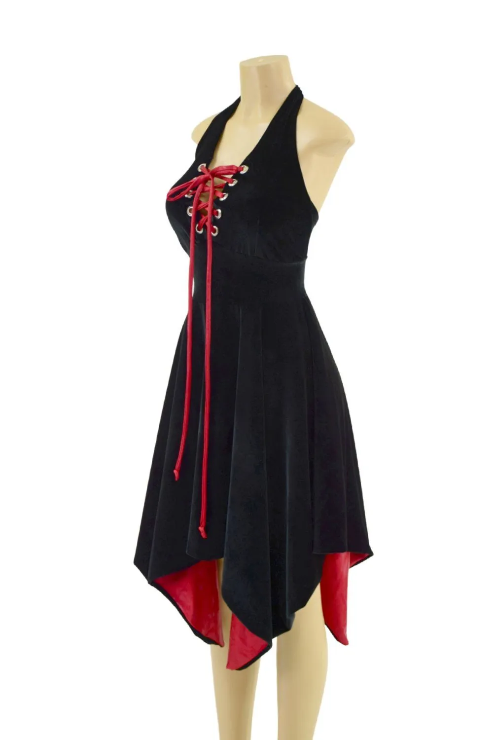 Velvet Handkerchief Hemline Halter Dress with Laceup Neckline
