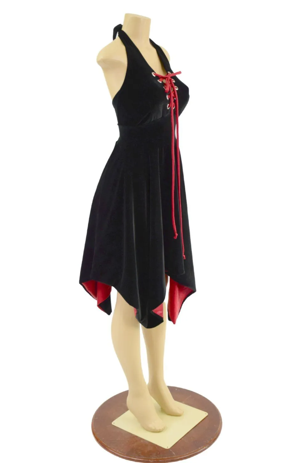 Velvet Handkerchief Hemline Halter Dress with Laceup Neckline